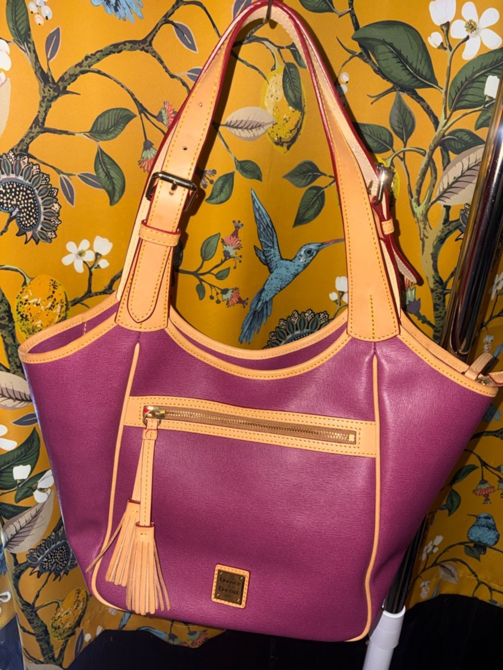 Dooney & Bourke Violet Maddie Saffiano Leather Tote with Tan Trim